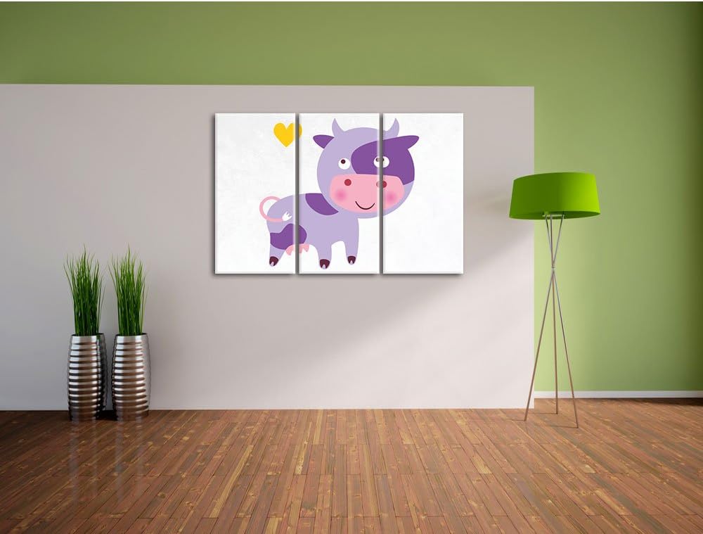 Pixxprint Niedliche Kuh weiss 3-Teiler Leinwandbild 120x80 Bild auf Leinwand