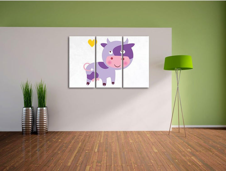 Pixxprint Niedliche Kuh weiss 3-Teiler Leinwandbild 120x80 Bild auf Leinwand