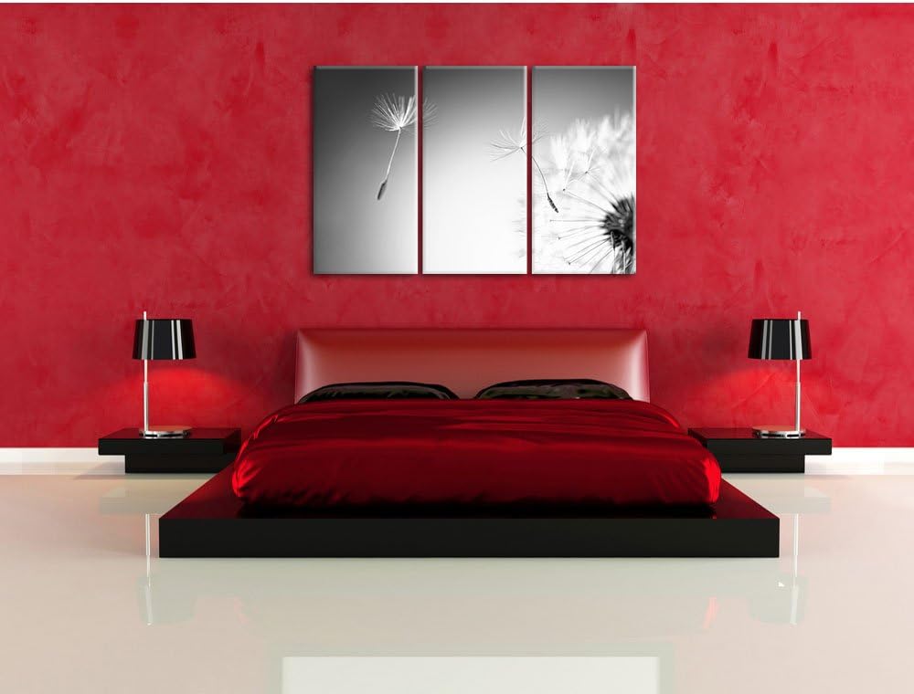 Pixxprint Löwenzahn Schirmflieger Pusteblume Kunst B&W 3-Teiler Leinwandbild 120x80 Bild auf Leinwan