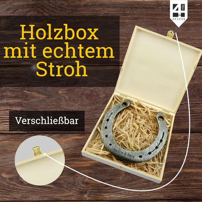 4you Design Echtes Hufeisen in Holz-Geschenkschachtel zur Verlobung mit Gravur – 2 Hufeisennägel zum