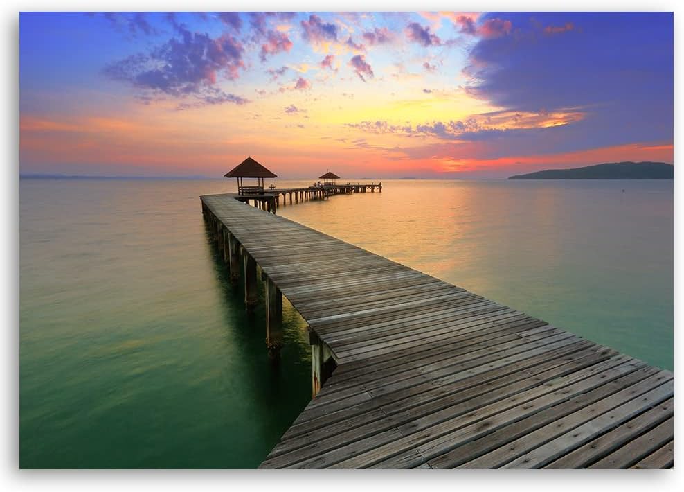 Feeby Vlies Leinwandbild Meer Sonnenuntergang Holzsteg Strand 90x60 cm Druckbild Wandbild Wanddekora