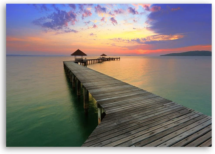 Feeby Vlies Leinwandbild Meer Sonnenuntergang Holzsteg Strand 90x60 cm Druckbild Wandbild Wanddekora