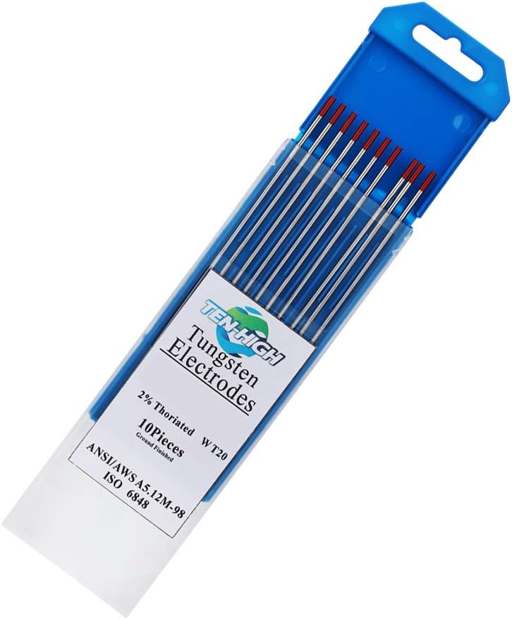 TEN-HIGH TIG Tungsten Electrodes, Thorium 2%, WT20(Red) Thorium Tungsten Electrode, 2.4mm x175mm 10p