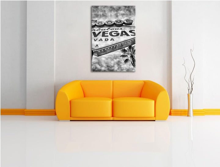 Pixxprint Monocrome, Las Vegas Ortseingangsschild im Retro Look, Format: 100x70 auf Leinwand, XXL ri