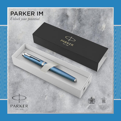 Parker IM Rollerball Tintenroller , Blaugraue Premium-Lackierung mit Chromverzierung , Feine Schreib