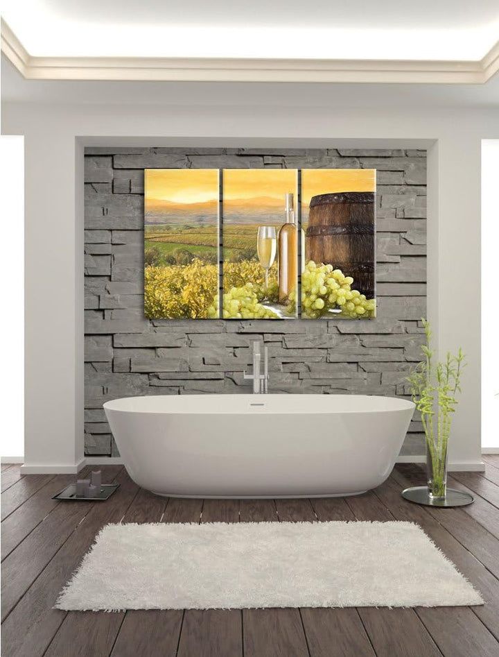 Pixxprint Weinreben mit Weinflasche und Fass als Leinwandbild/Grösse: 3 Teilig (120x80) cm/Wandbild/