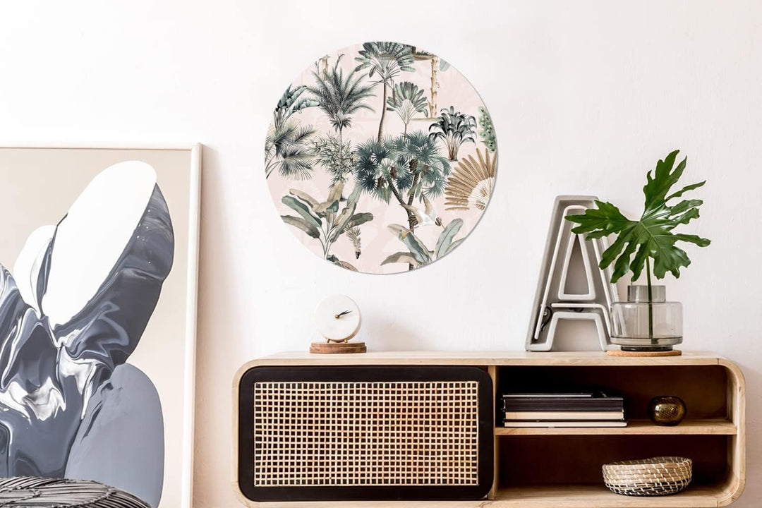 MuchoWow Wandbild Rund Wanddeko Deko Wohnzimmer Bilder 60x60 cm Blätter - Monstera - Dschungel - Tro