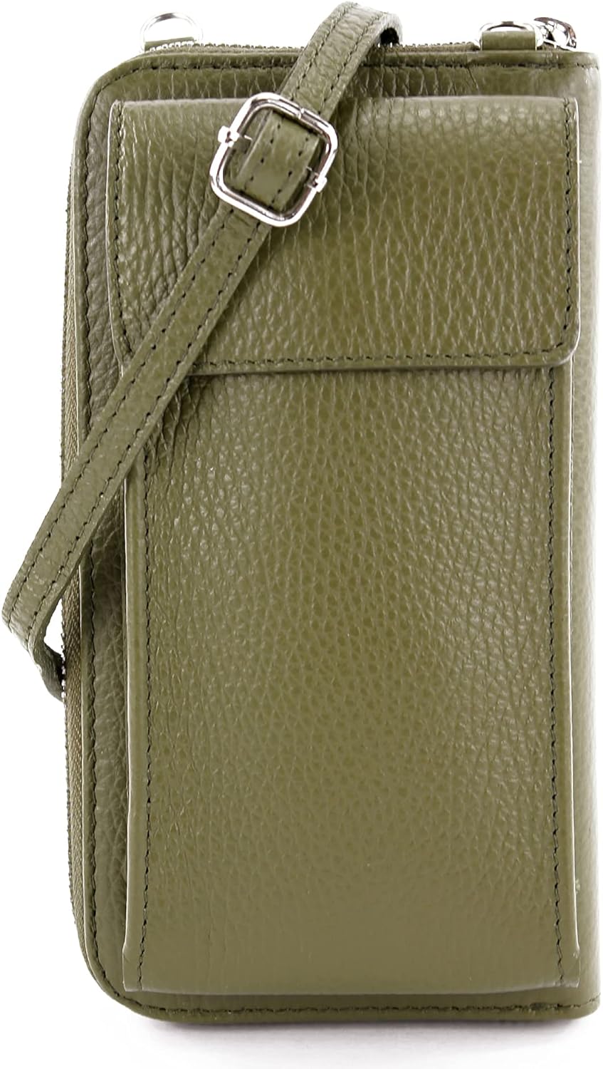 modamoda de - P06 - ital. Damen Umhängetasche Geldbörse Handytasche Leder Olivgrün, Olivgrün