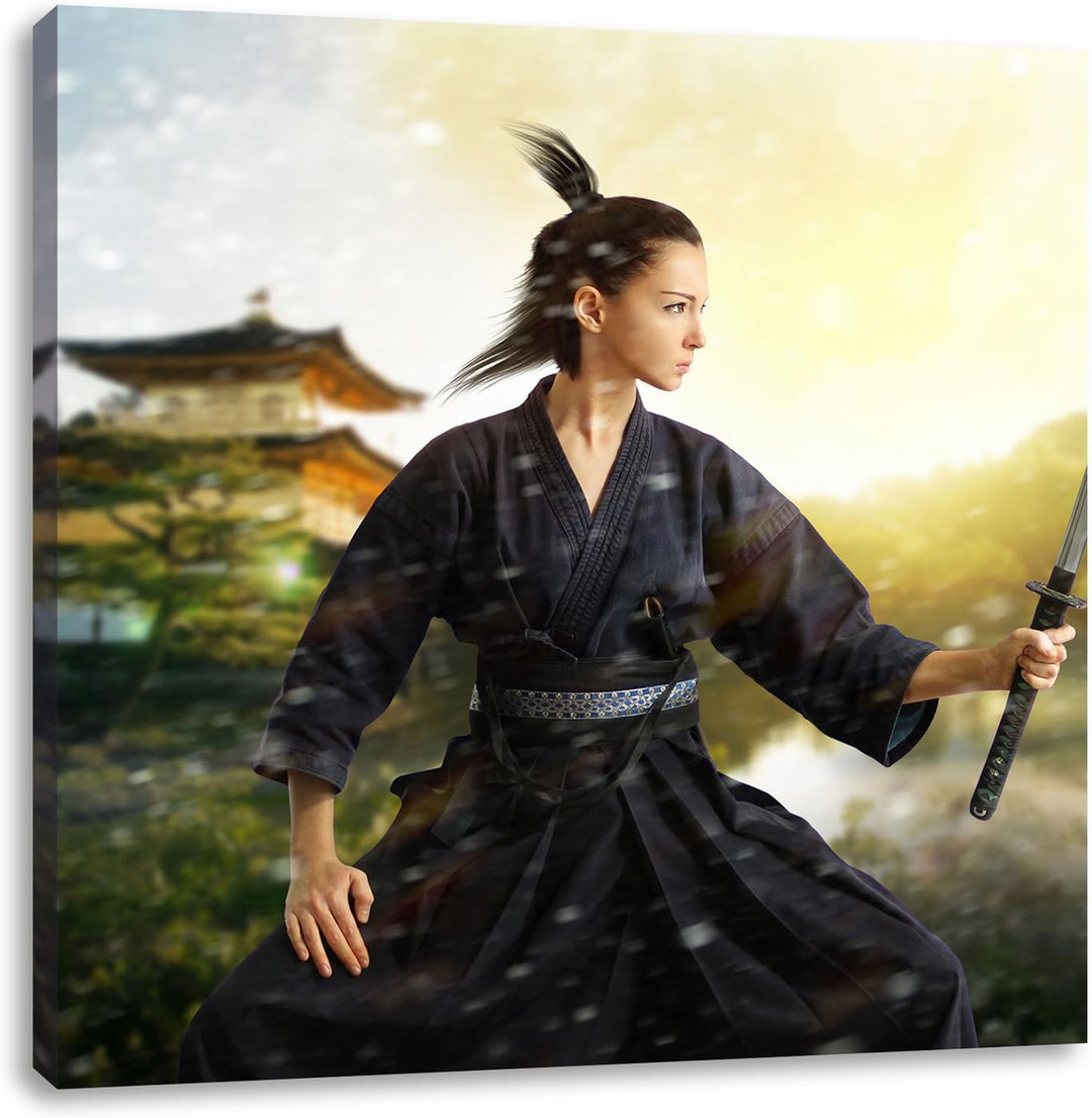 Pixxprint Samurai-Kriegerin Schnee als Leinwandbild/Grösse: 70x70 cm/Wandbild/Kunstdruck/fertig besp