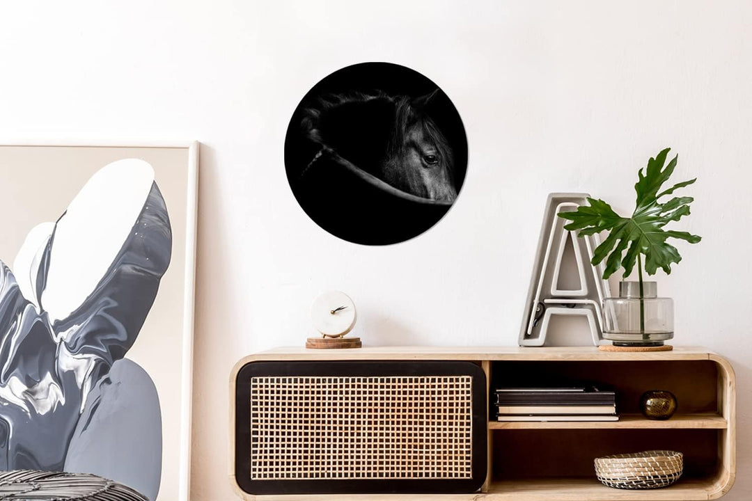 MuchoWow Wandbild Rund Wanddeko Deko Wohnzimmer Bilder 30x30 cm Pferde - Porträt - Schwarz - Tiere