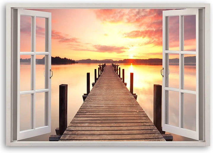 Feeby Viles - Leinwand Bilder - Fensterblick Natur- 120x80 cm- Deko Wohnzimmer - Wandbilder Schlafzi