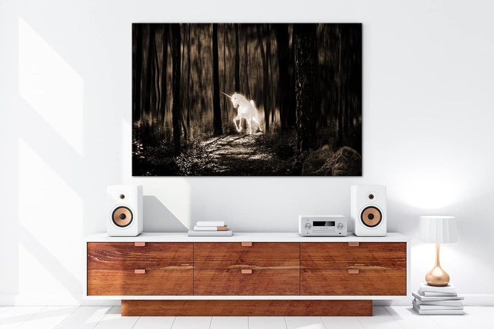 deyoli Einhornerscheinung im Wald Format: 80x60 Effekt: Sepia als Leinwandbild, Motiv fertig gerahmt