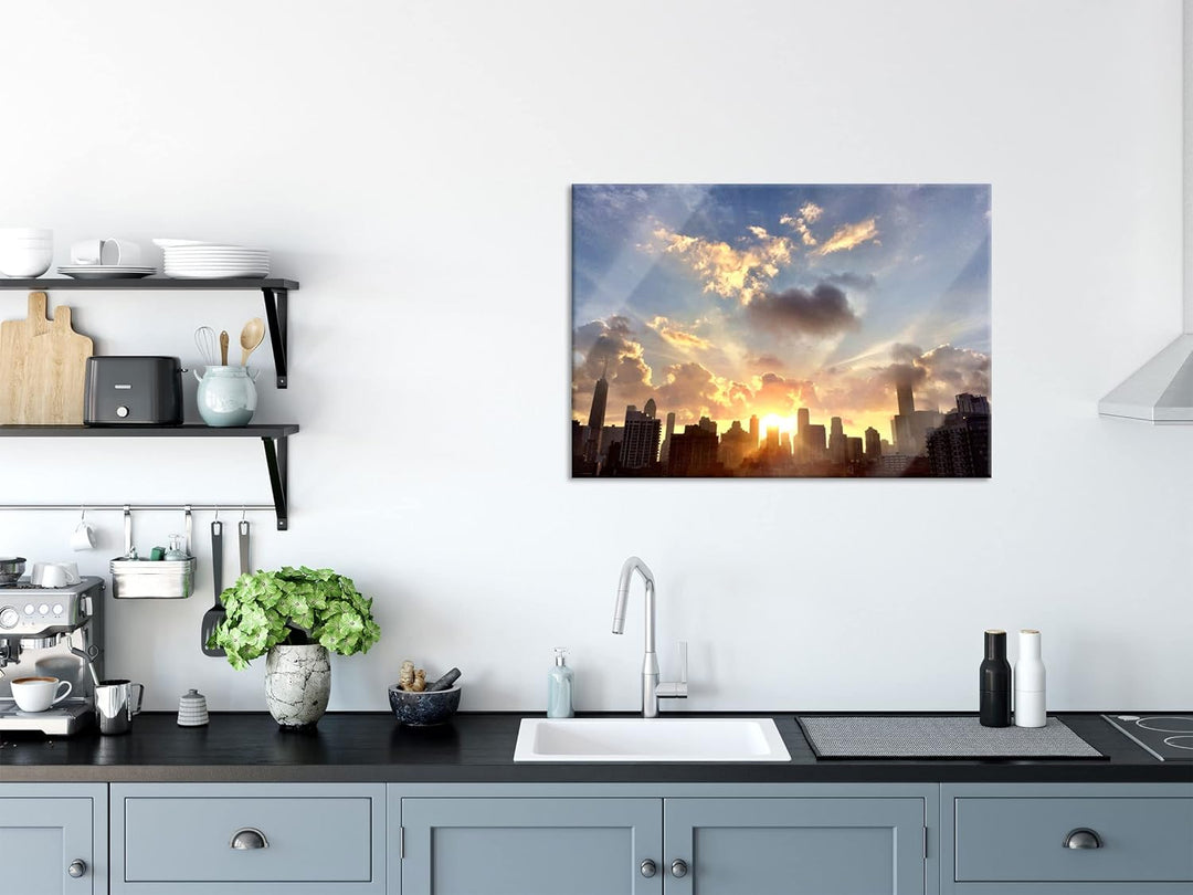 Pixxprint Glasbild | Wandbild aus Echtglas | Chicago Skyline im Sonnenaufgang | 100x70 cm | inkl. Au