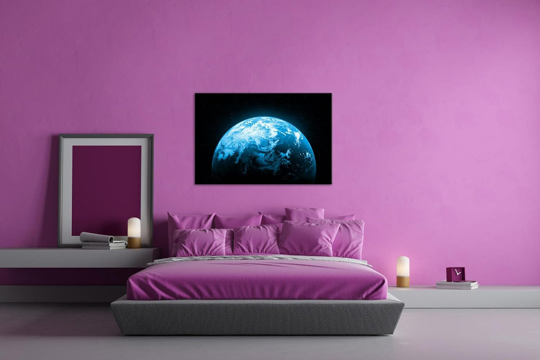 Planet Erde Format: 80x60 cm Effekt: Monocrome Blau als Leinwandbild, Motiv fertig gerahmt auf Echth