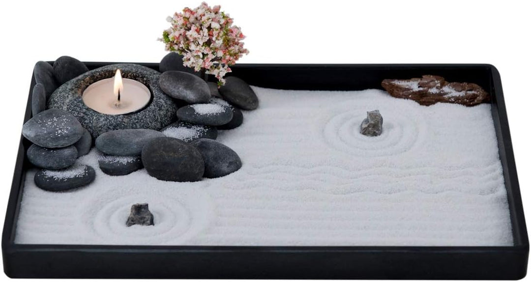 ICNBUYS Kerzenhalter aus Zen-Gartenkiesel, handgefertigt, mit Zen-Gartenwerkzeugen, Sand, Grundplatt