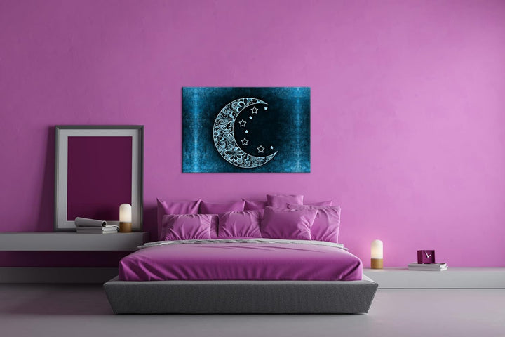 deyoli Abstrakter Mond mit Sternen Format 80x60 Effekt: Monocrome Blau als Leinwandbild, Motiv ferti
