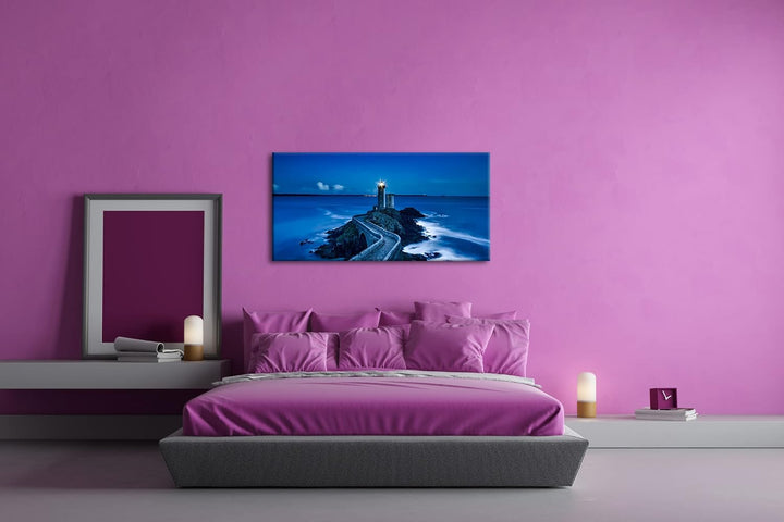 Leuchtturm bei Nacht Panorama 120x60 cm als Leinwandbild, Motiv fertig gerahmt auf Echtholzrahmen, H