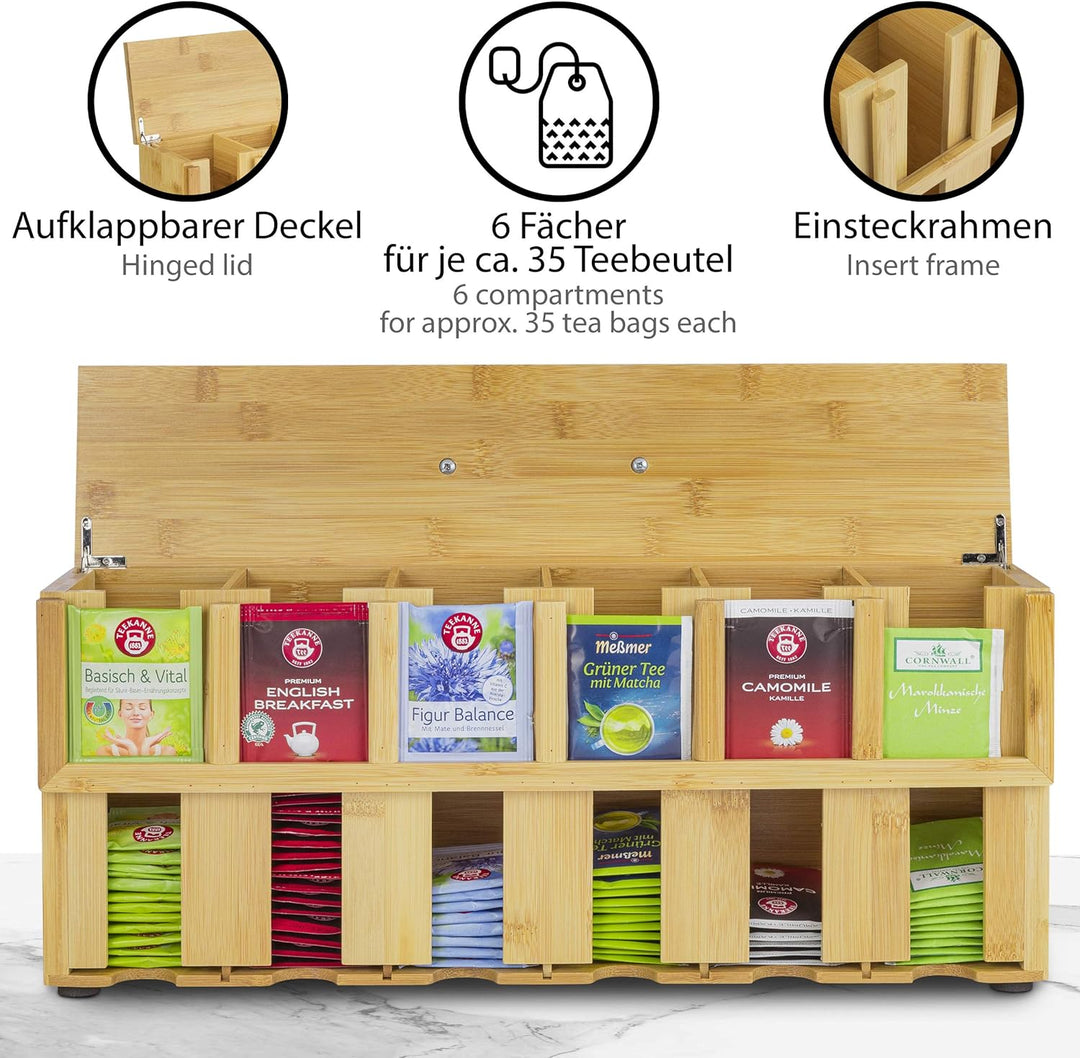ONVAYA® Teebox aus Holz | Teekiste mit 6 Fächern | Teebeutelbox für ca. 200 Teebeutel | Tee Aufbewah
