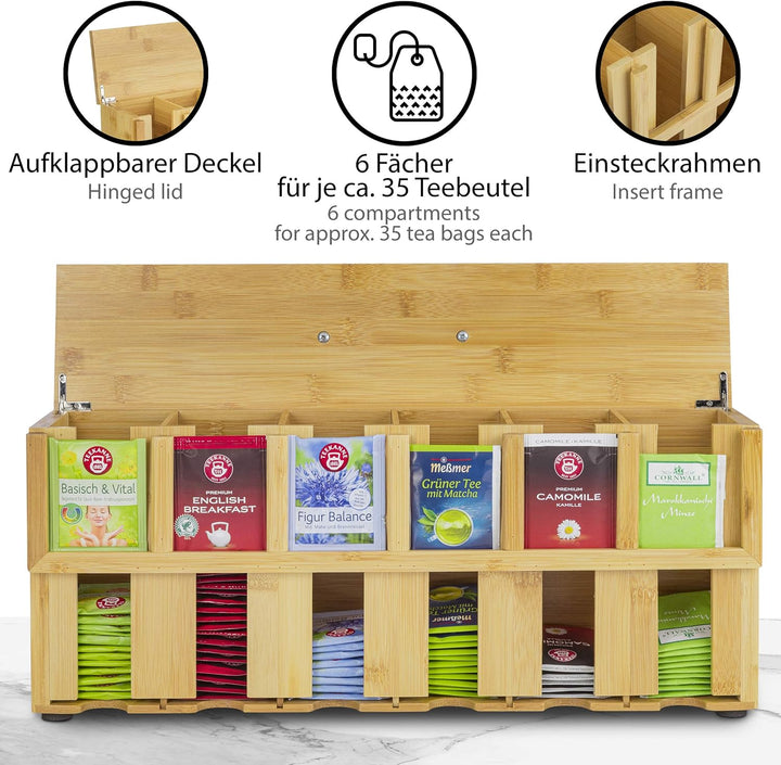 ONVAYA® Teebox aus Holz | Teekiste mit 6 Fächern | Teebeutelbox für ca. 200 Teebeutel | Tee Aufbewah