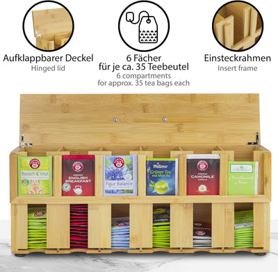 ONVAYA® Teebox aus Holz | Teekiste mit 6 Fächern | Teebeutelbox für ca. 200 Teebeutel | Tee Aufbewah