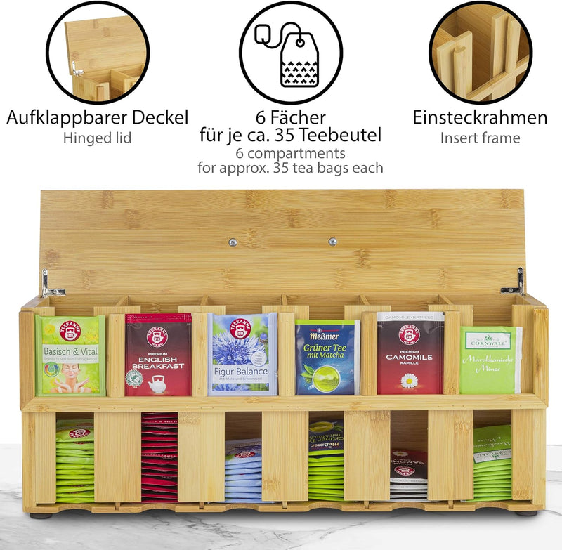 ONVAYA® Teebox aus Holz | Teekiste mit 6 Fächern | Teebeutelbox für ca. 200 Teebeutel | Tee Aufbewah