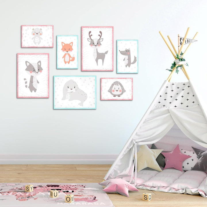 Novart Wandbilder Waldtiere - KOMPLETT AUFHÄNGFERTIG - Rosa Kinderzimmer Mädchen- 7 Moderne Mood-Bil