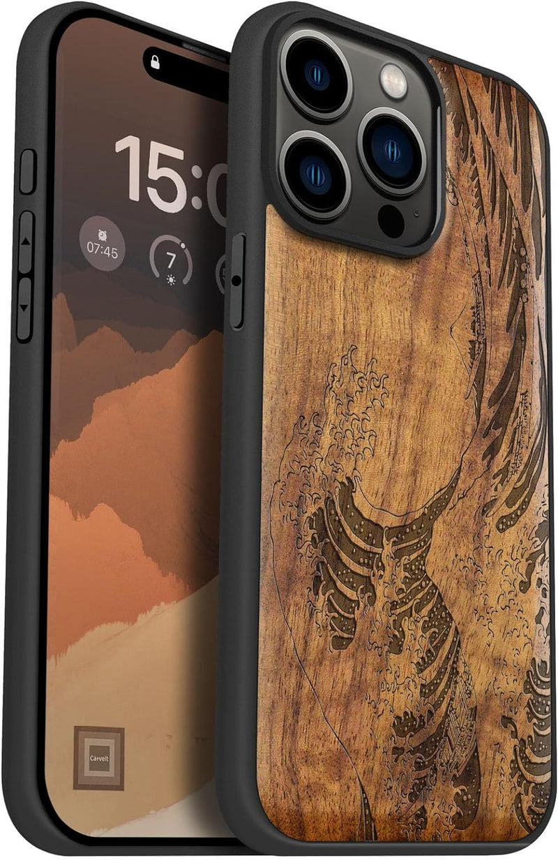 Carveit Handyhülle für iPhone 15 Pro Max Cover Kompatibel mit Magsafe [Holz und TPU Silikon Hybrid h