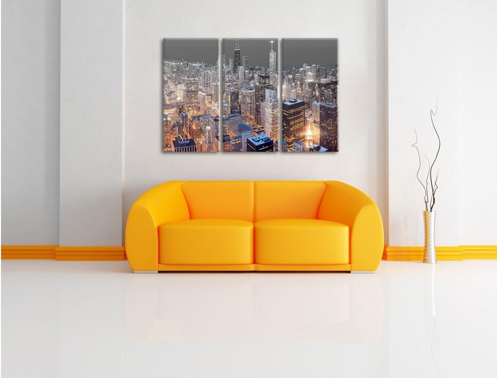 Pixxprint Luftaufnahme Chicago / 3-Teilig/Gesamtmass 120cm Leinwandbild bespannt auf Holzrahmen/Wand