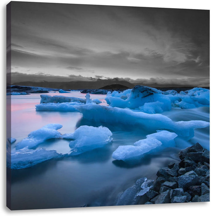Pixxprint Extreme Eislandschaft Schwarz/Weiss, Format: 70x70 auf Leinwand, 70x70