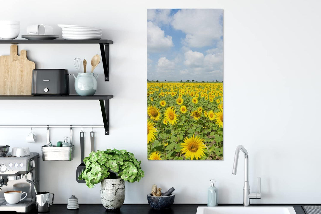 MuchoWow Leinwand Bilder, Einzigartige Wanddeko mit Rahmen, Sonnenblumen - Blumen - Wolken - Natur -