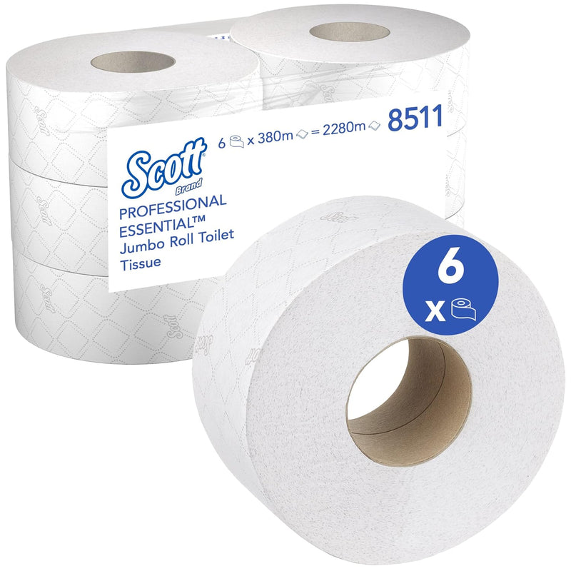 Scott Essential Toilettenpapier, Jumbo Toilettenpapierrolle, 2-lagig, 6 Rollen x 380 m, Weiss, 8511