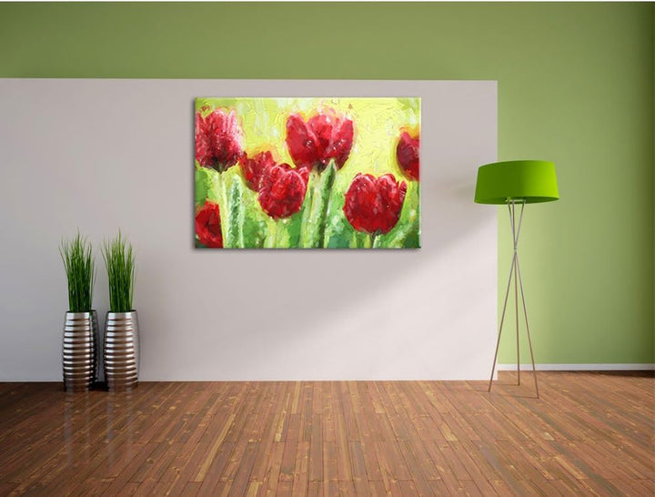 Pixxprint Rote Tulpen mit Tropfen bedeckt Pinsel Effekt, Format: 100x70 auf Leinwand, XXL riesige Bi