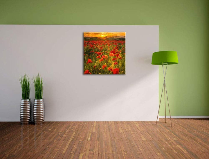 schöne Mohnwiese, Format: 70x70 auf Leinwand, XXL riesige Bilder fertig gerahmt mit Keilrahmen, Kuns