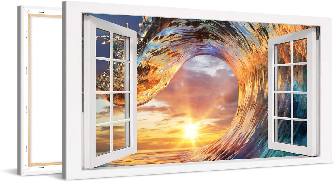 PICANOVA – Bild auf Leinwand Wellen-Sonnenuntergang Fenster 100x50cm – Leinwandbild – Premium Leinwa