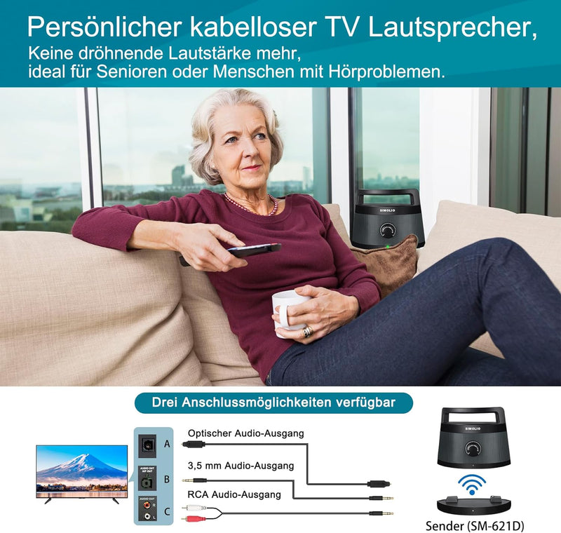 SIMOLIO Funklautsprecher für Fernseher Kabellos, 2.4GHz Tragbarer TV Lautsprecher für Senioren, Perf