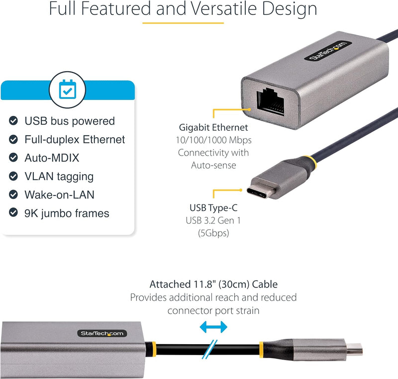 StarTech.com USB C Gigabit Ethernet Adapter, 10/100/1000 Mbit/s, USB C 3.0 zu LAN Adapter mit ASIX A