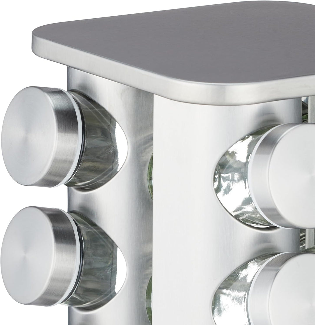 Relaxdays Gewürzkarussell, 20 Gewürzgläser, 40 Etiketten, 360° drehbar, Edelstahl, Glas, HBT: 33,5 x