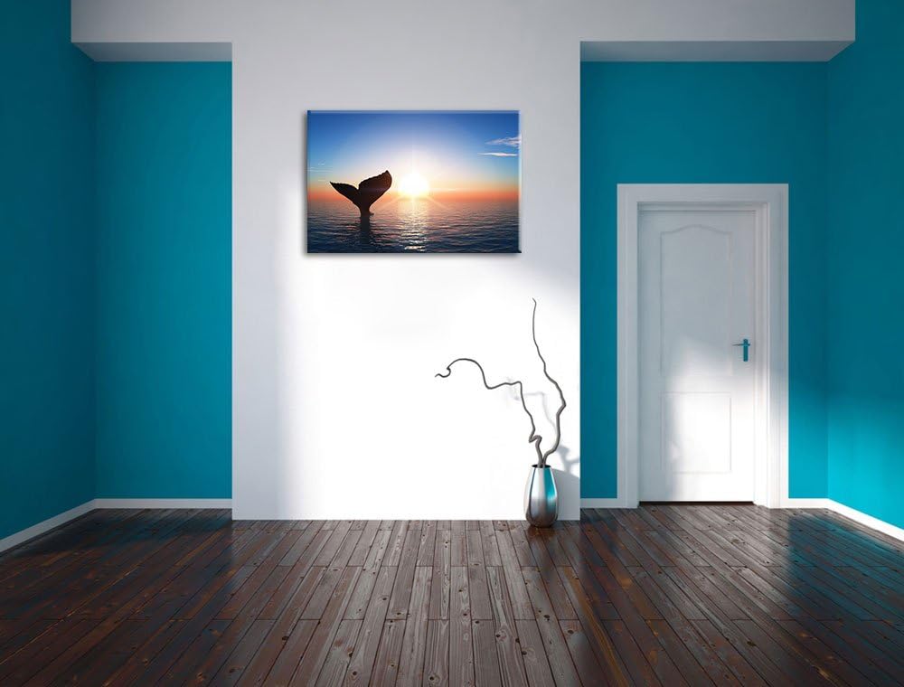 Walflosse im Sonnenuntergang Format: 100x70 auf Leinwand, XXL riesige Bilder fertig gerahmt mit Keil