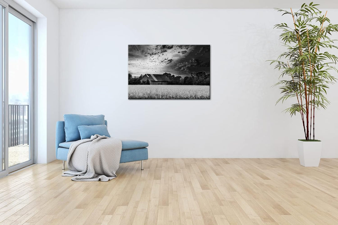 deyoli Scheune am blühendem Feld Effekt: Schwarz&Weiss Format: 100x70 als Leinwandbild, Motiv fertig