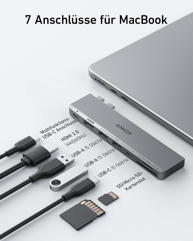 Anker 547 USB C Hub, (7-in-2) für MacBook, Kompatibel mit Thunderbolt 4 USB C Port, 4K HDMI, und 2 U