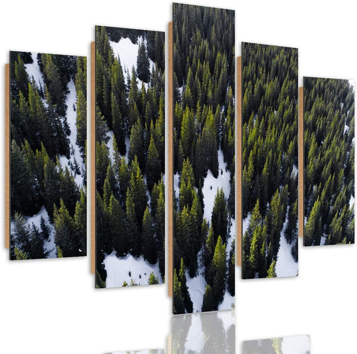 Feeby Bilder Modern Landschaft 5 Teilig Design Art Wald Winter Bäume grün 100x70 cm Deco panel 100x7