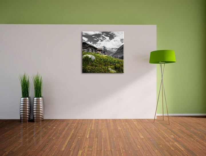 Pixxprint Steinhütte auf Berg als Leinwandbild/Grösse: 70x70 cm/Wandbild/Kunstdruck/fertig bespannt,