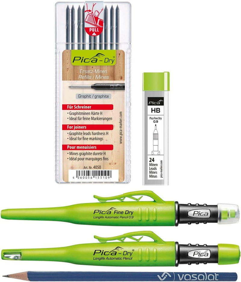 Pica Marker Set - Pica Fine Dry 0.9 + Pica Dry + 10 Stück Ersatzminen graphit Härte H + 24 Stück Ers