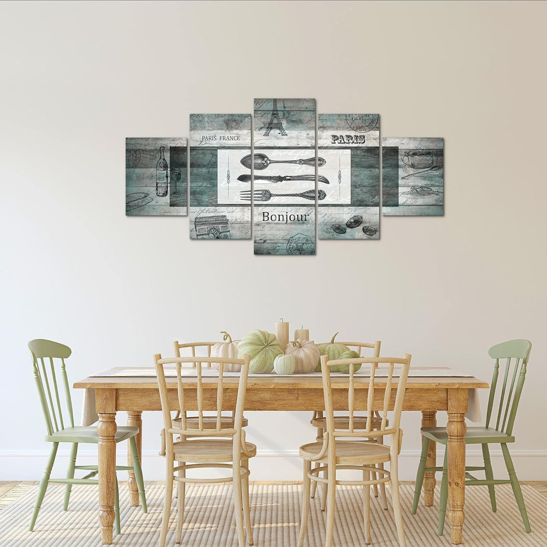 Runa Art Bild Esszimmer Küchenbilder Küche Holz 5 Teilig Vintage Besteck Türkis Wandbilder auf Vlies