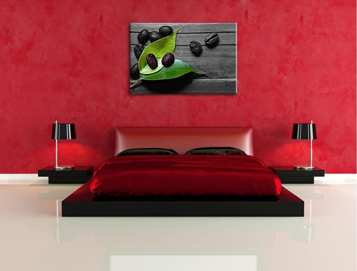 kleine Kaffeebohnen auf Blättern schwarz/weiss Format: 100x70 auf Leinwand, XXL riesige Bilder ferti