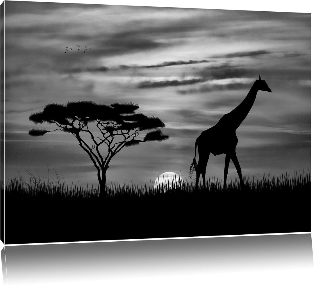 Pixxprint Giraffe im Sonnenuntergang als Leinwandbild | Grösse: 100x70 cm | Wandbild | Kunstdruck |