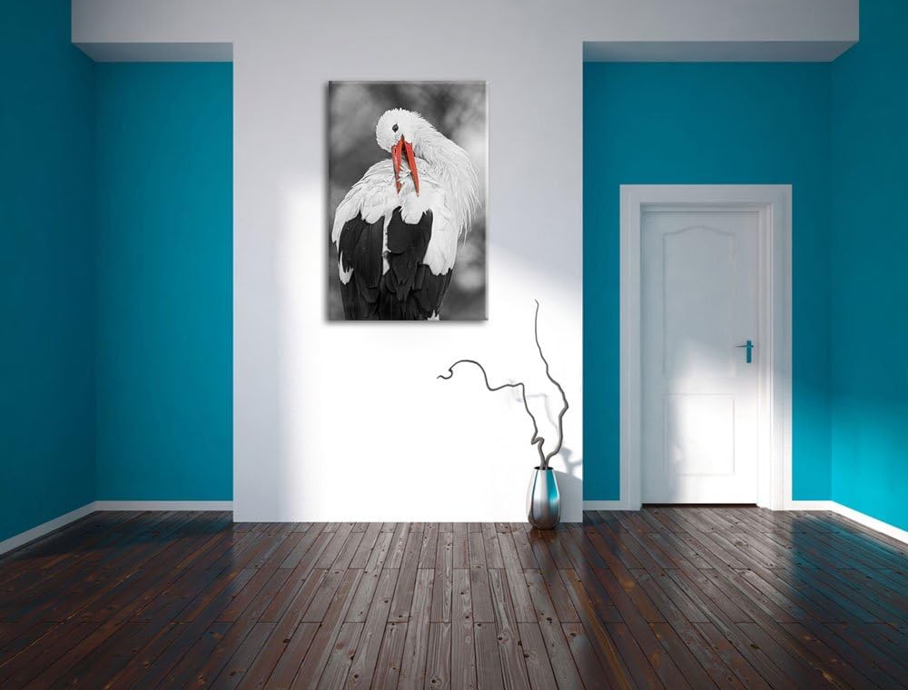 anmutiger grosser Storch putzt sich schwarz/weiss auf Leinwand, XXL riesige Bilder fertig gerahmt mi