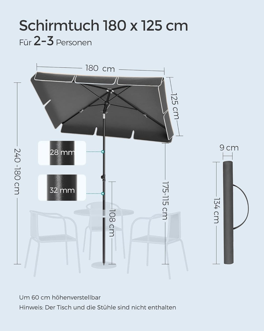 SONGMICS Sonnenschirm 180 x 125 cm, Sonnenschutz UPF 50+, neigbar um 30° in 2 Richtungen, höhenverst