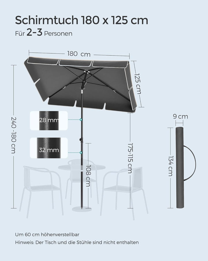 SONGMICS Sonnenschirm 180 x 125 cm, Sonnenschutz UPF 50+, neigbar um 30° in 2 Richtungen, höhenverst