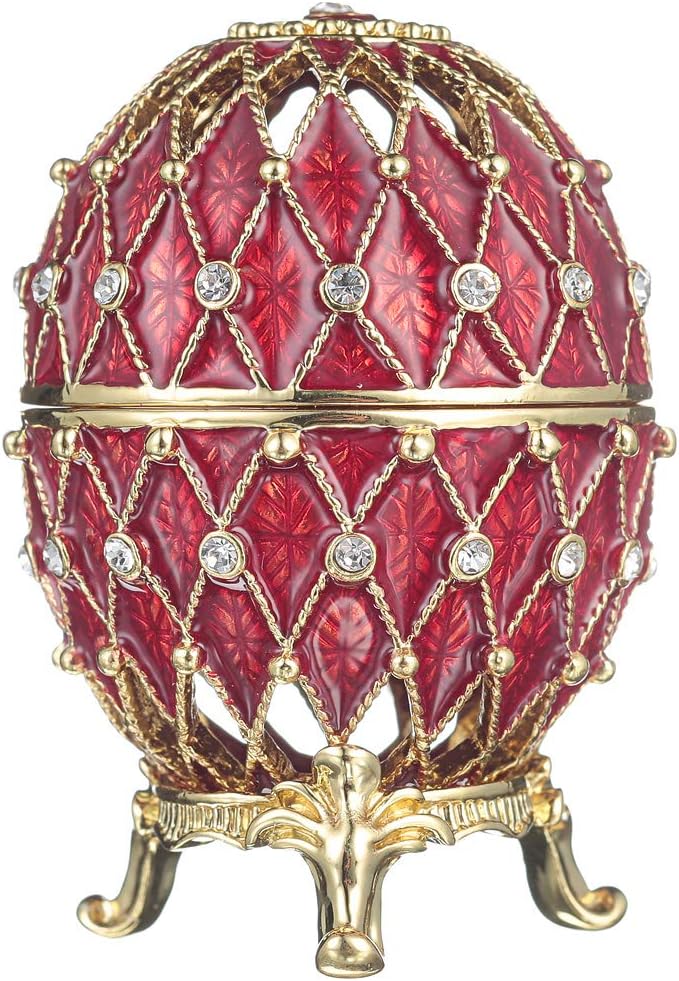 danila-souvenirs Fabergé-Stil geschnitzt Ei/Schmuckkästchen mit Gitter 7,5 cm rot